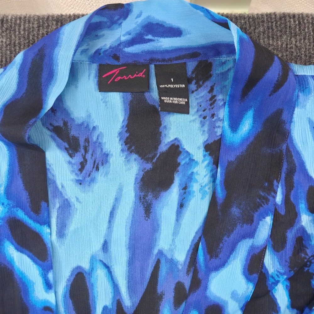 Torrid Kimono Wrap Top Women 1 Blue‎ Black Abstract Chiffon Tie Front